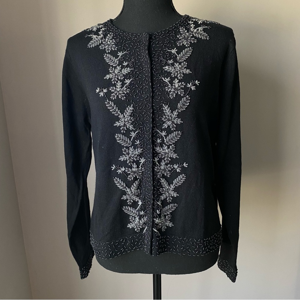 Talbot’s NWT Silk and Cashmere Black Cardigan with Silver beaded Embroidery